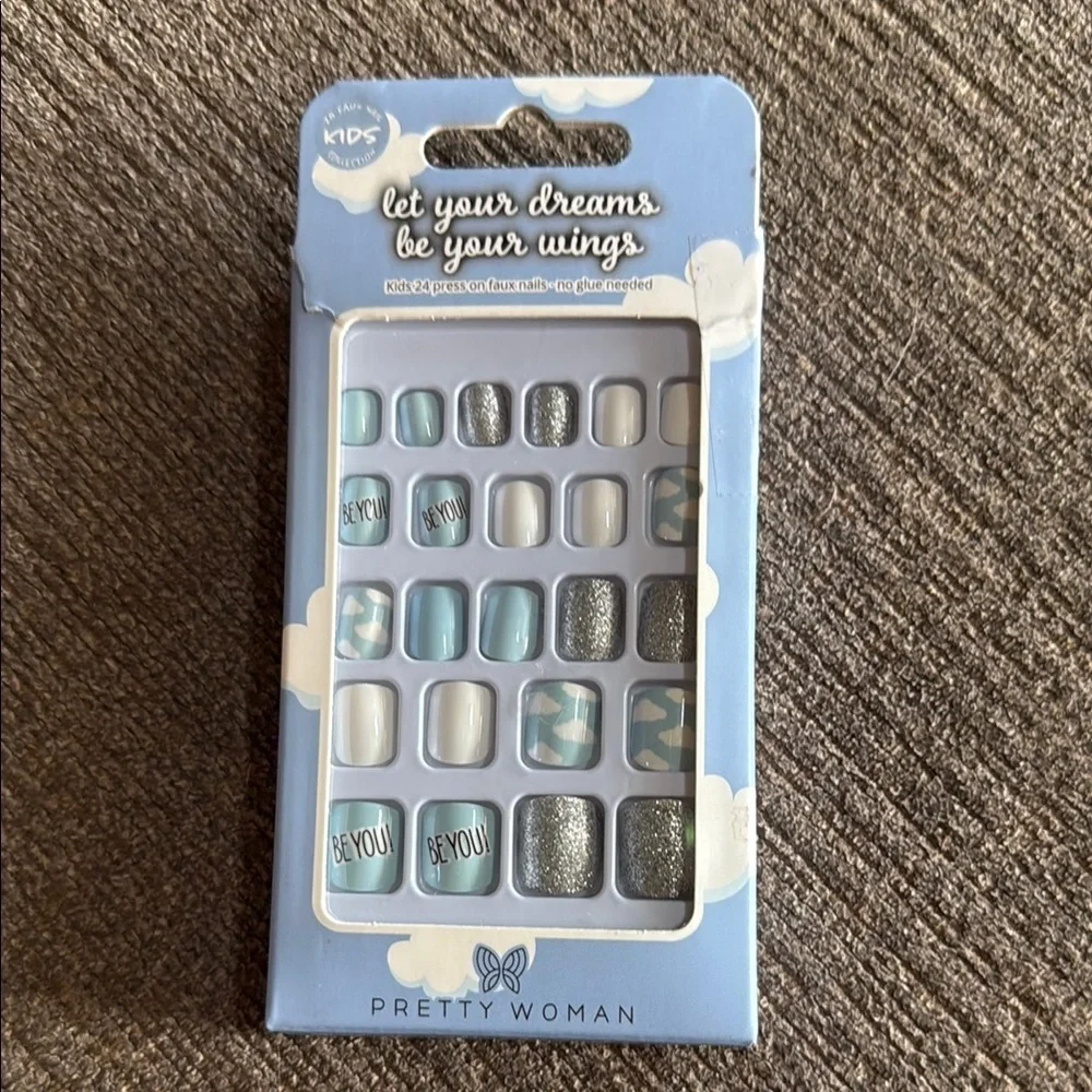 Kids Faux Nail Set of 24  - Blue, white and Silver “BE YOU” style, NEW